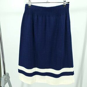 VTG 60s/70s Pull-On Knit Knee Length A-Line Sweater Skirt S Navy Blue/Cream
